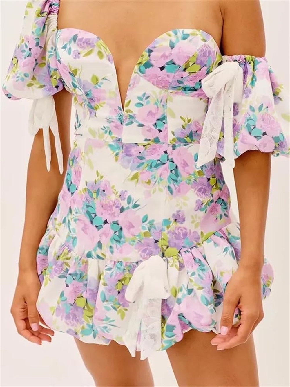For Love & Lemons Pastel Floral Off-Shoulder Mini Dress in White and Lavender